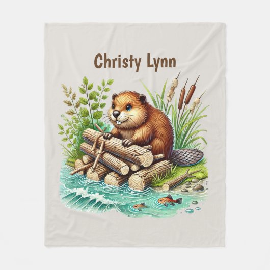 Cute beaver lovers add name  fleece deken (Voorkant)