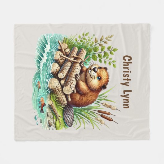 Cute beaver lovers add name  fleece deken (Voorkant (Horizontaal))