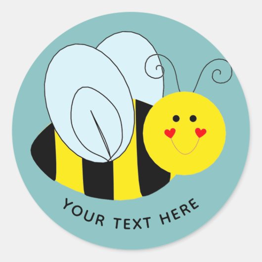 Cute Bee Add Text | Blauw Ronde Sticker (Voorkant)