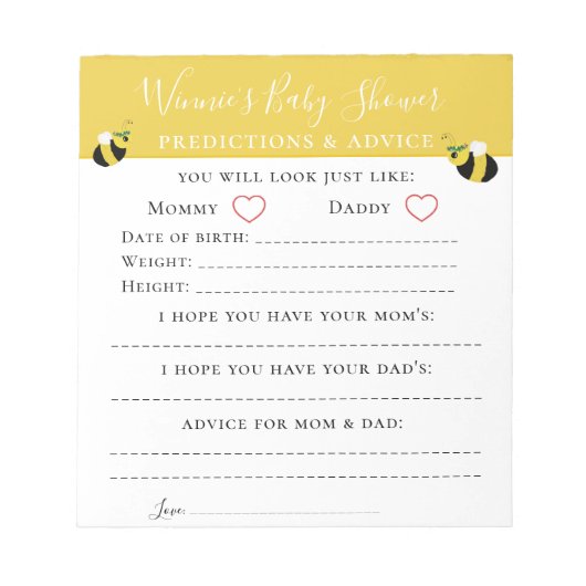 Cute bee Advice and Predictions Baby shower Game N Notitieblok (Voorkant)