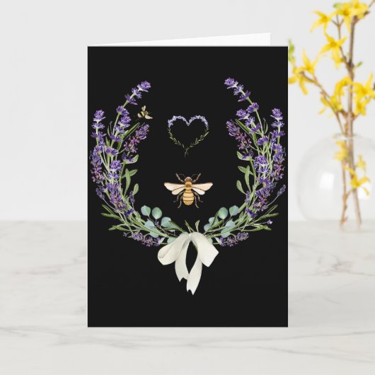 Cute Bee Bow Lavender Flower Heart Botanical Natur Kaart (Gele Bloem)