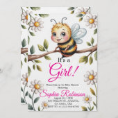 Cute Bee & Daisy Baby Shower Invitation Kaart (Voorkant / Achterkant)
