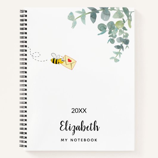 Cute bee eucalyptus greenery monogram notitieboek (Voorkant)