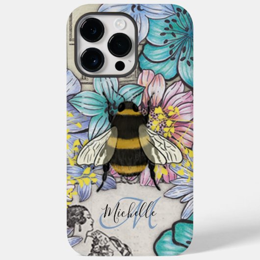 Cute Bee floral Botanical monogram iPhone Case (Achterkant)