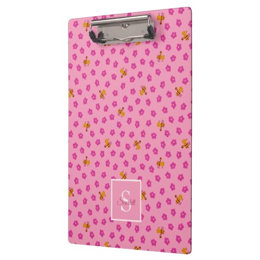 Cute Bee & Flowers Pattern Monogram Name – Pink Klembord (Links)