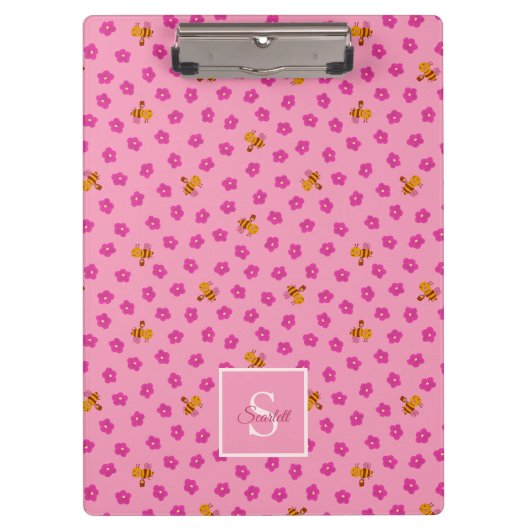 Cute Bee & Flowers Pattern Monogram Name – Pink Klembord (Voorkant)