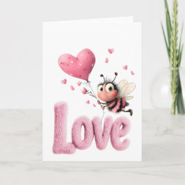 Cute Bee Fluffy Pink Love Heart Balloon Design Feestdagen Kaart