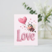 Cute Bee Fluffy Pink Love Heart Balloon Design Feestdagenkaart (Staand voorkant)