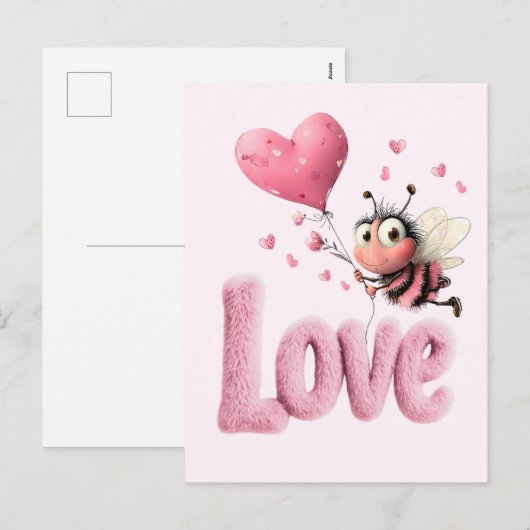 Cute Bee Fluffy Pink Love Heart Balloon Design Feestdagenkaart (Voorkant / Achterkant)