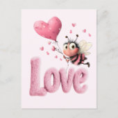 Cute Bee Fluffy Pink Love Heart Balloon Design Feestdagenkaart (Voorkant)