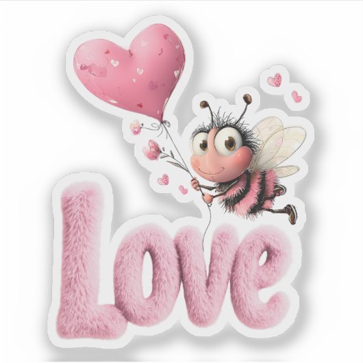 Cute Bee Fluffy Pink Love Heart Balloon Design Sticker (Voorkant)