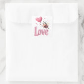 Cute Bee Fluffy Pink Love Heart Balloon Design Vierkante Sticker (Tas)