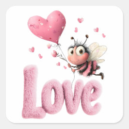 Cute Bee Fluffy Pink Love Heart Balloon Design Vierkante Sticker