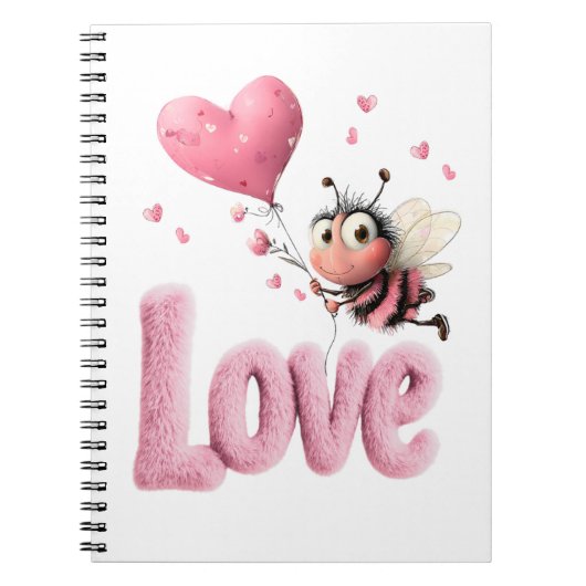 Cute Bee Fluffy Pink Love Heart Balloon  Notitieboek (Voorkant)