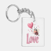 Cute Bee Fluffy Pink Love Heart Balloon  Sleutelhanger (Voorkant Links)