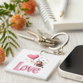 Cute Bee Fluffy Pink Love Heart Balloon  Sleutelhanger (Voorkant Rechts)