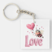 Cute Bee Fluffy Pink Love Heart Balloon  Sleutelhanger (Voorkant)