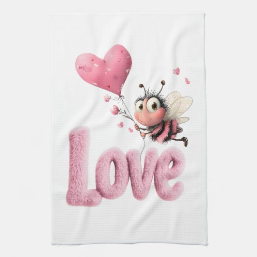 Cute Bee Fluffy Pink Love Heart Balloon  Theedoek (Verticaal)