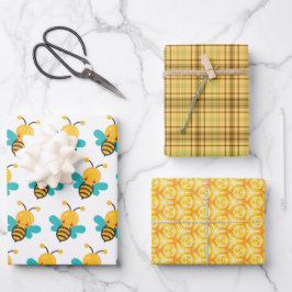Cute Bee Geel Geruite Bijenkorf Inpakpapier Set Vel