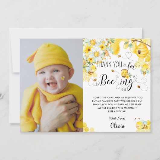 Cute bee Gellow Ivory Floral Birthday Foto Bedankkaart (Voorkant)