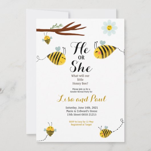 Cute bee He of she Gender Reopenbaart uitnodiging (Voorkant)