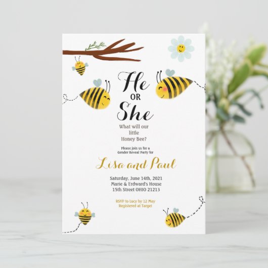 Cute bee He of she Gender Reopenbaart uitnodiging (Staand voorkant)