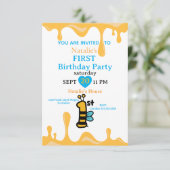 Cute Bee Honey Drips 1e verjaardagsuitnodiging aan Kaart (Staand voorkant)