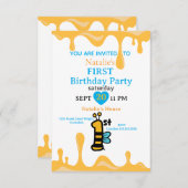 Cute Bee Honey Drips 1st Birthday Invite Adaptable Kaart (Voorkant / Achterkant)