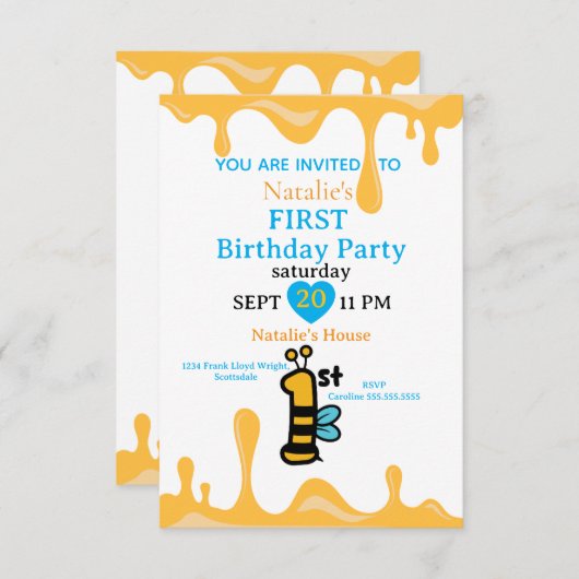 Cute Bee Honey Drips 1st Birthday Invite Adaptable Kaart (Voorkant / Achterkant)