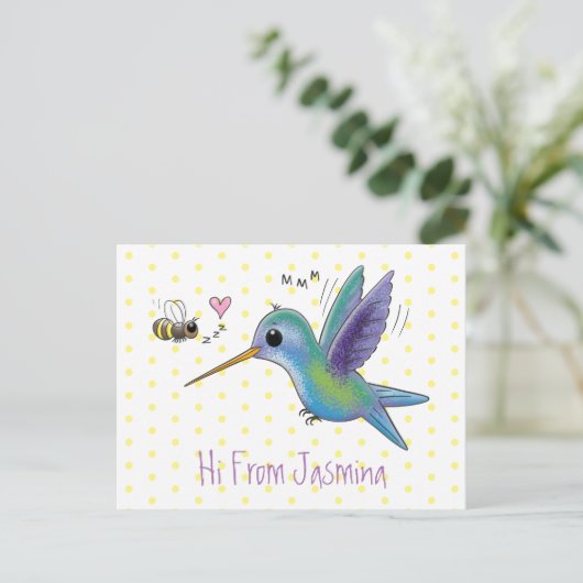 Cute bee hummingbird cartoon illustration briefkaart (Staand voorkant)