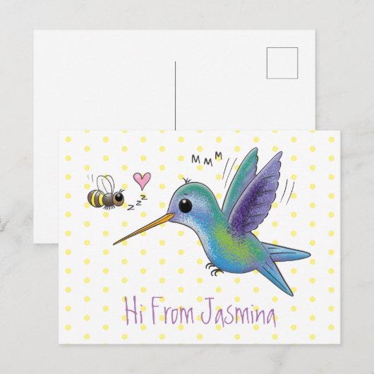 Cute bee hummingbird cartoon illustration briefkaart (Voorkant / Achterkant)