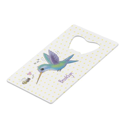 Cute bee hummingbird cartoon illustration creditkaart flessenopener (Achterkant Gekanteld)