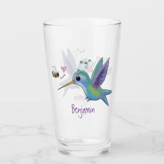 Cute bee hummingbird cartoon illustration glas (Achterkant)