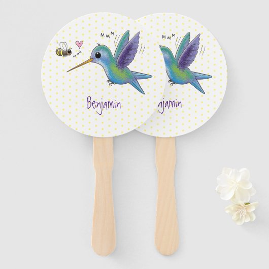 Cute bee hummingbird cartoon illustration handwaaier (Voorkant en achterkant)