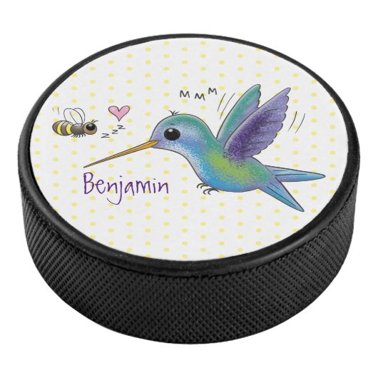 Cute bee hummingbird cartoon illustration hockey puck (3/4)
