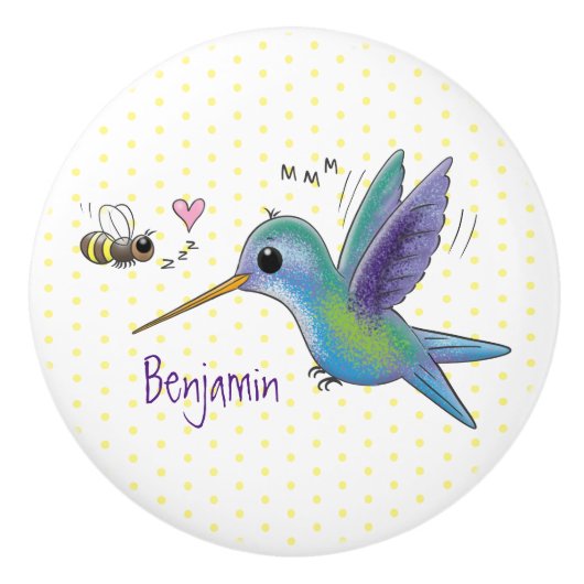 Cute bee hummingbird cartoon illustration keramische knop (Voorkant)