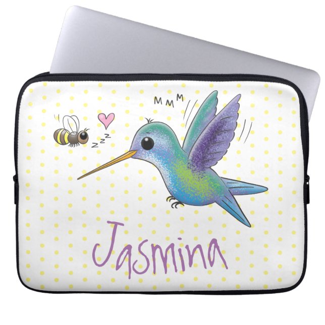 Cute bee hummingbird cartoon illustration laptop sleeve (Voorkant)