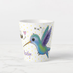 Cute bee hummingbird cartoon illustration latte mok