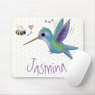 Cute bee hummingbird cartoon illustration muismat