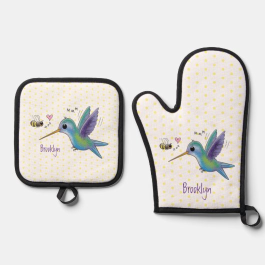 Cute bee hummingbird cartoon illustration ovenwant & pannenlap set (Voorkant)