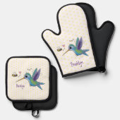 Cute bee hummingbird cartoon illustration ovenwant & pannenlap set (Voorkant / Achterkant)