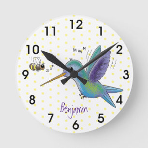 Cute bee hummingbird cartoon illustration ronde klok