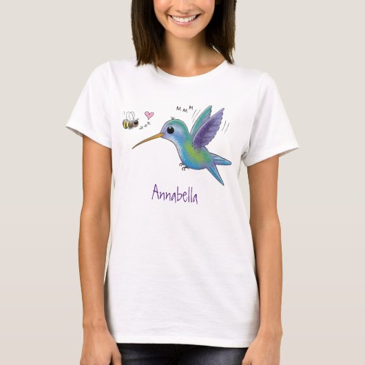 Cute bee hummingbird cartoon illustration t-shirt (Voorkant)