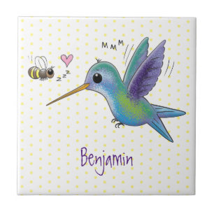 Cute bee hummingbird cartoon illustration tegeltje