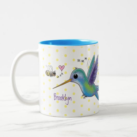 Cute bee hummingbird cartoon illustration tweekleurige koffiemok (Links)