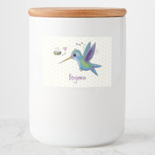 Cute bee hummingbird cartoon illustration voedselcontainer etiket