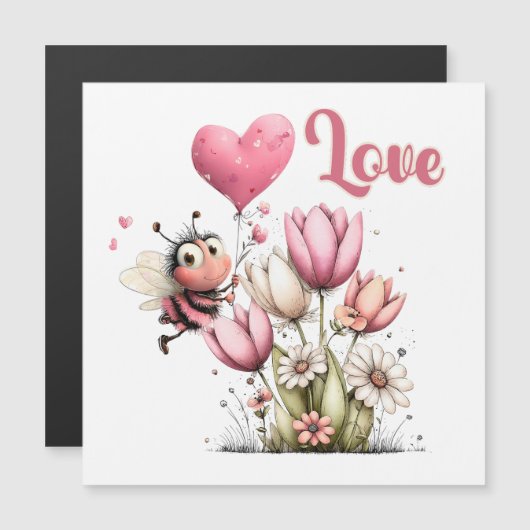 Cute Bee Love Heart Balloon Spring Flowers Magnet (Voorkant / Achterkant)