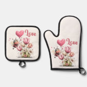 Cute Bee Love Heart Balloon Spring Flowers Ovenwant & Pannenlap Set (Voorkant)
