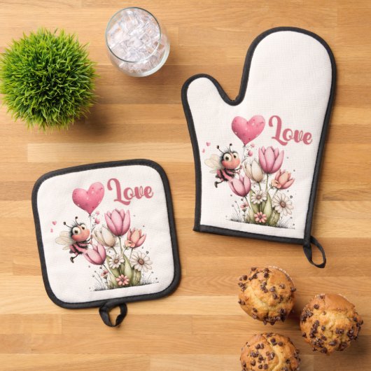 Cute Bee Love Heart Balloon Spring Flowers Ovenwant & Pannenlap Set (Top down)