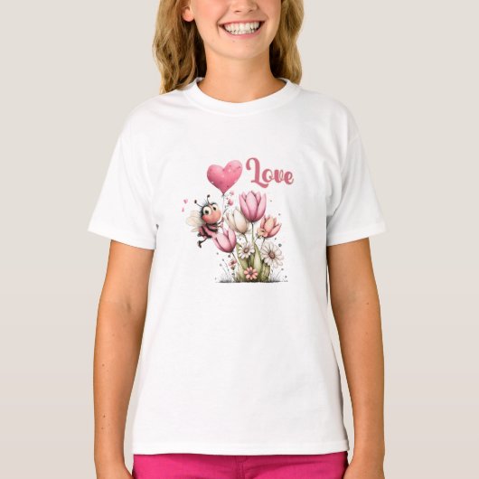 Cute Bee Love Heart Balloon Spring Flowers T-shirt (Voorkant)